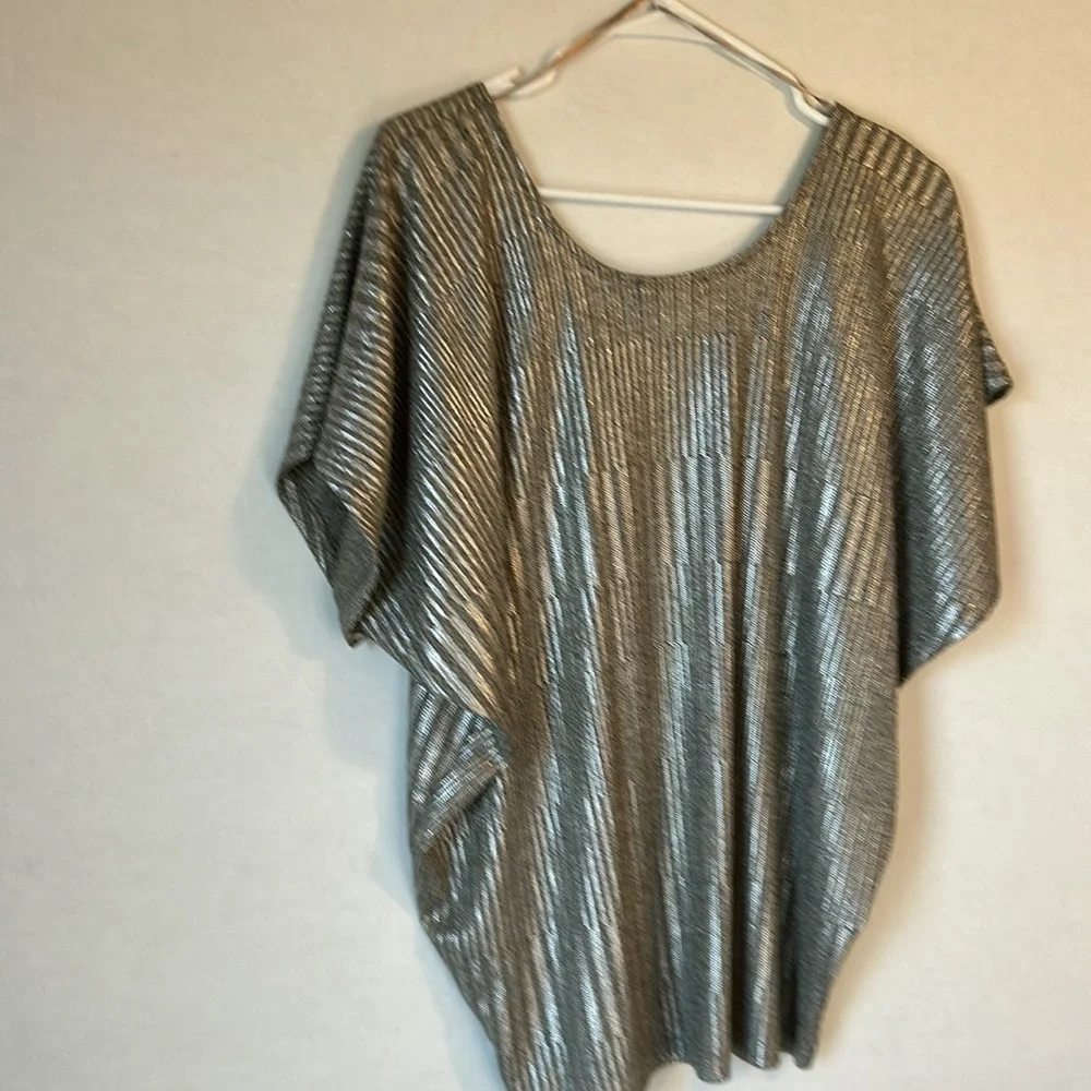 Kim & Cami Scoop Neck Dolman Sleeve Gold & Silver Metallic Sheer Top Size L - Picture 2 of 11